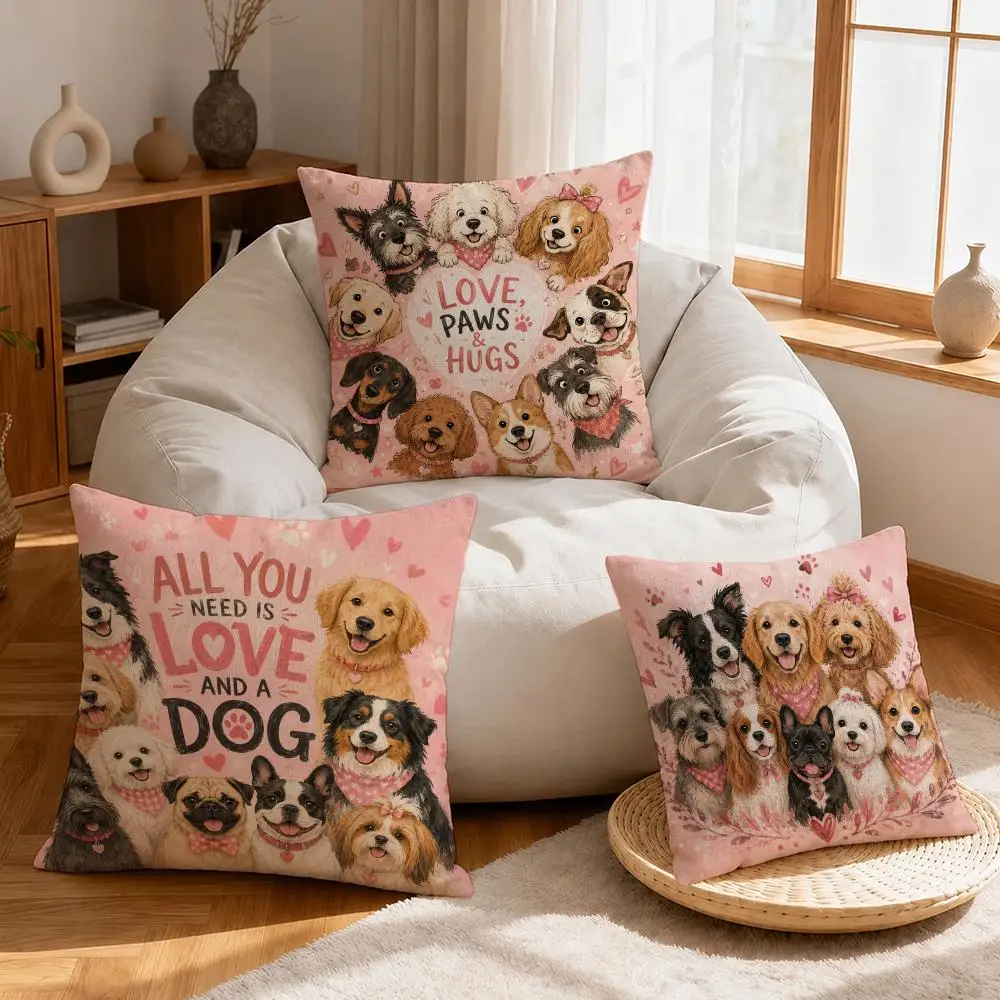 Art Pink Cute Dog Cushion Cover Linen Anti-Mite Antibacterial Cushion Cover Invisible Zipper Sofa Decor