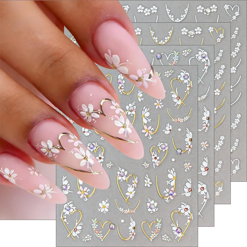 4 Stück Diamant-Blumen-Nagelaufkleber 3D Frühling Sommer Nageldekoration Gold Silber Linie Herzförmige Edelsteine Französische Nageldesigns Hochzeit – Detail 3
