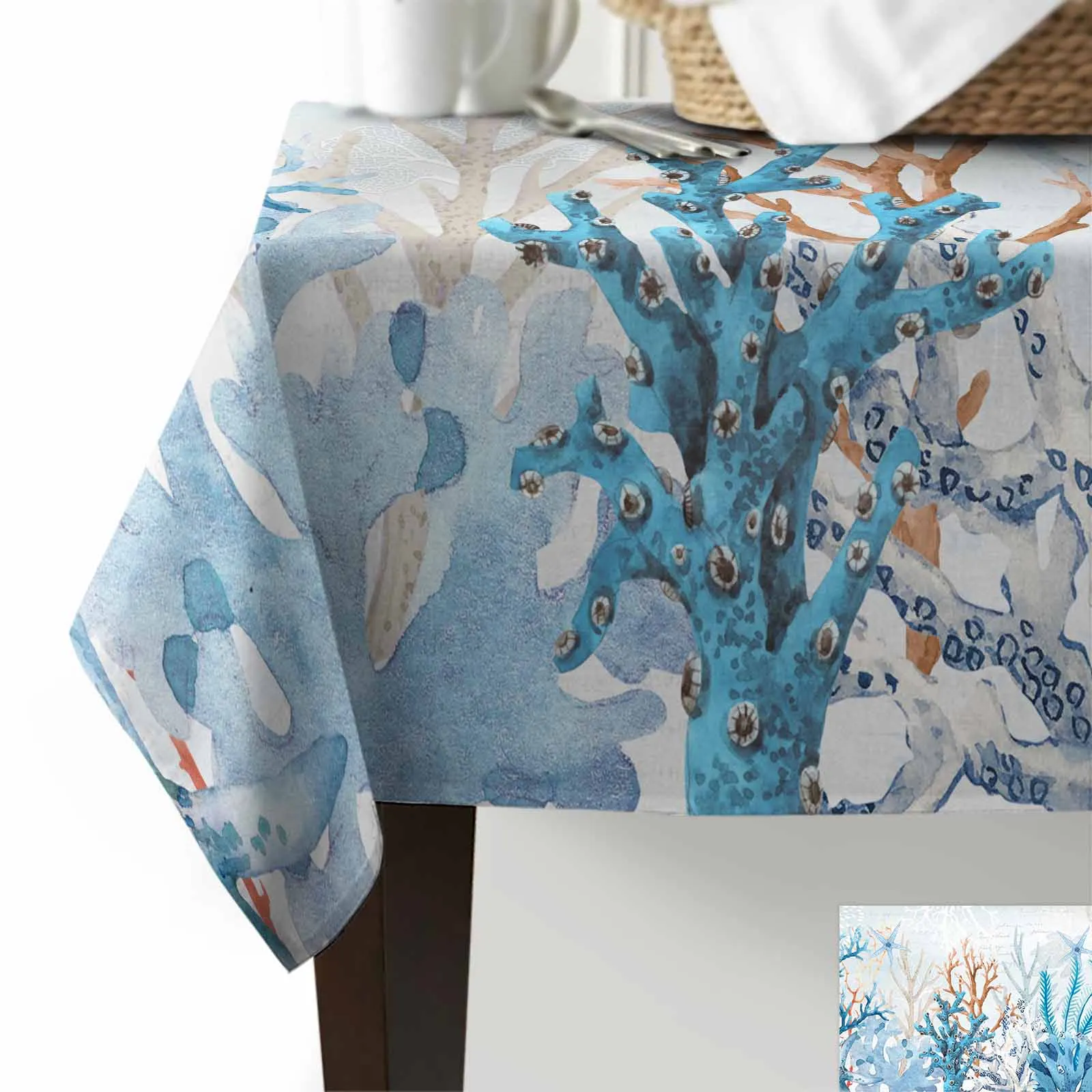 Summer Marine Coral Gradient Blue Anti-scalding Waterproof Tablecloth Rectangular Round Table Cover Kitchen Furnishings