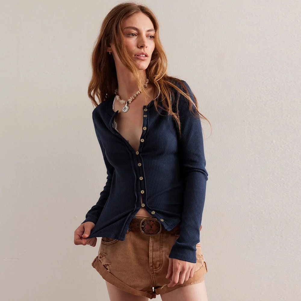 

Women's Solid Color Slim Cardigan Long Sleeve Ribbed Jacket Button Round Neck Fashionable Versatile Top