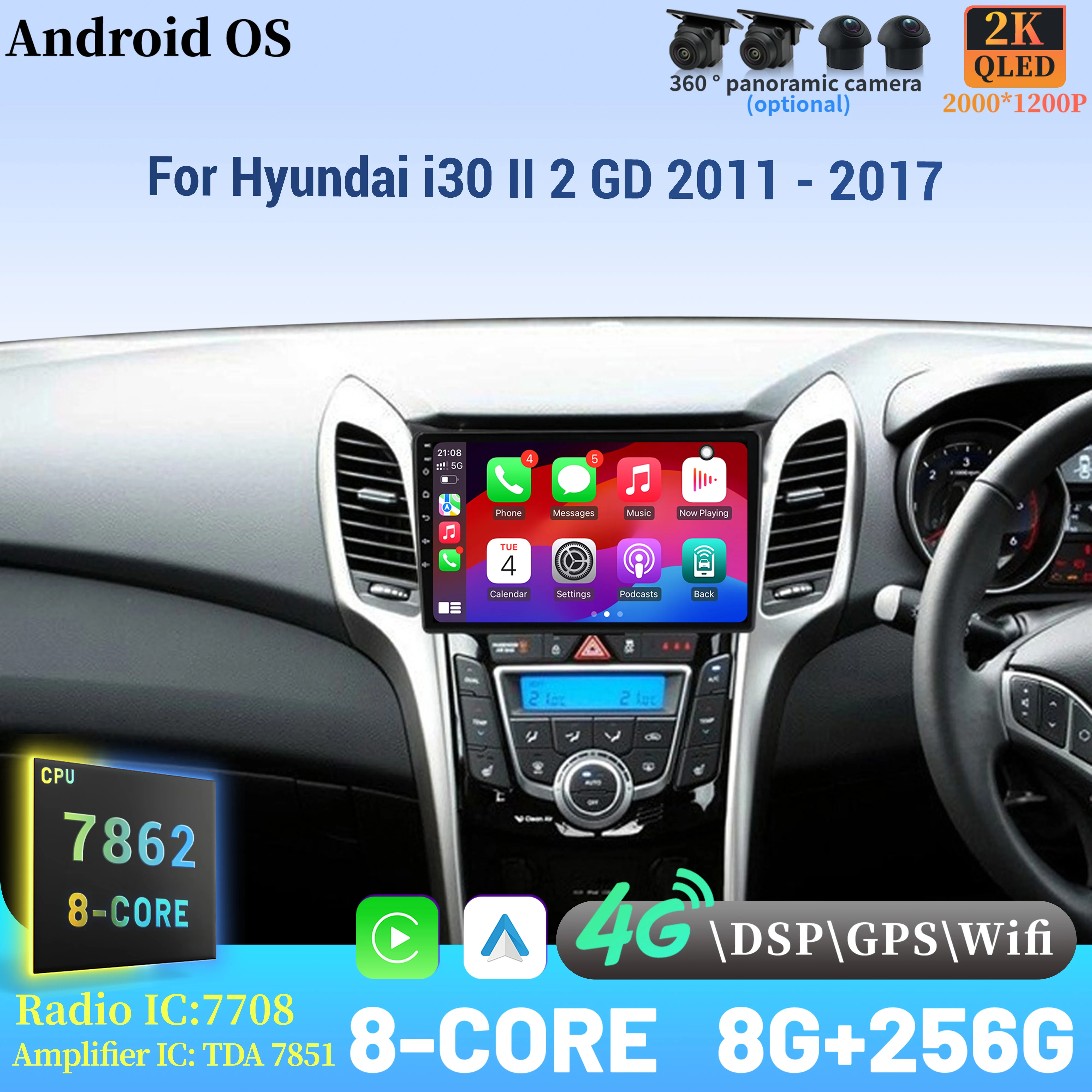 

Car Radio Android 14 For Hyundai i30 II 2 GD 2011 - 2017 Navigation Multimedia Wireless BT Carplay Touch 2K QLED Screen