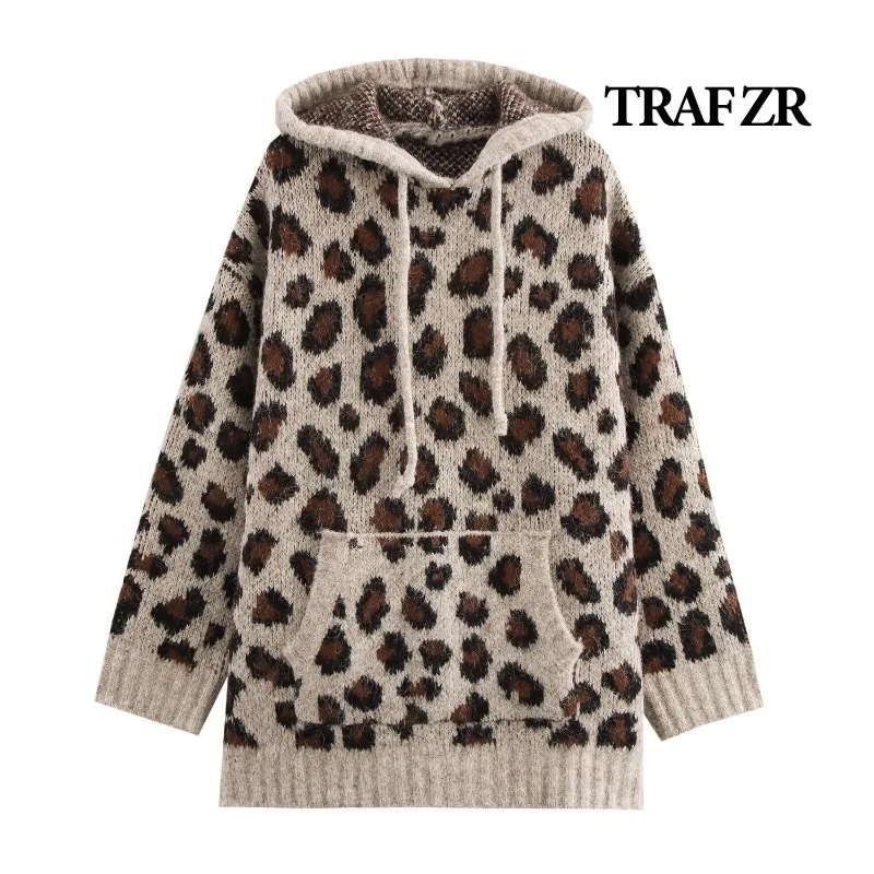 TRAF ZR Hooded Sweatshirts Leopard Print Hoodies Women's Winter Top Loose Fit Hoody Y2k Harajuku Autumn Long Sleeve Hoodies