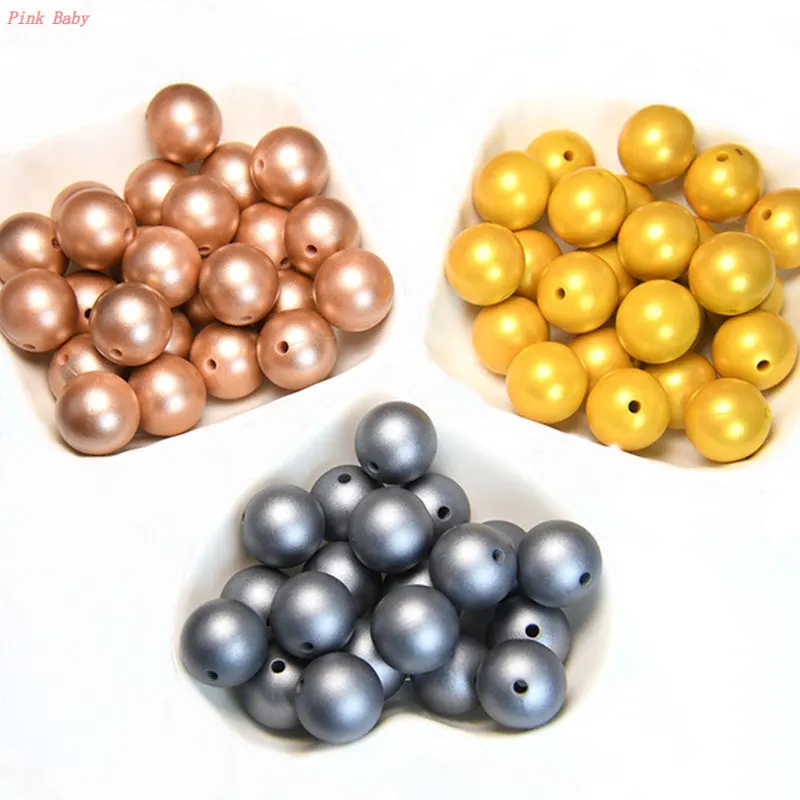 60pcs 15mm Metallic Print Silicone Beads DIY Baby Chewing Nursing Jewelry Toy Making  Round Golden Teething Beads BPA Free