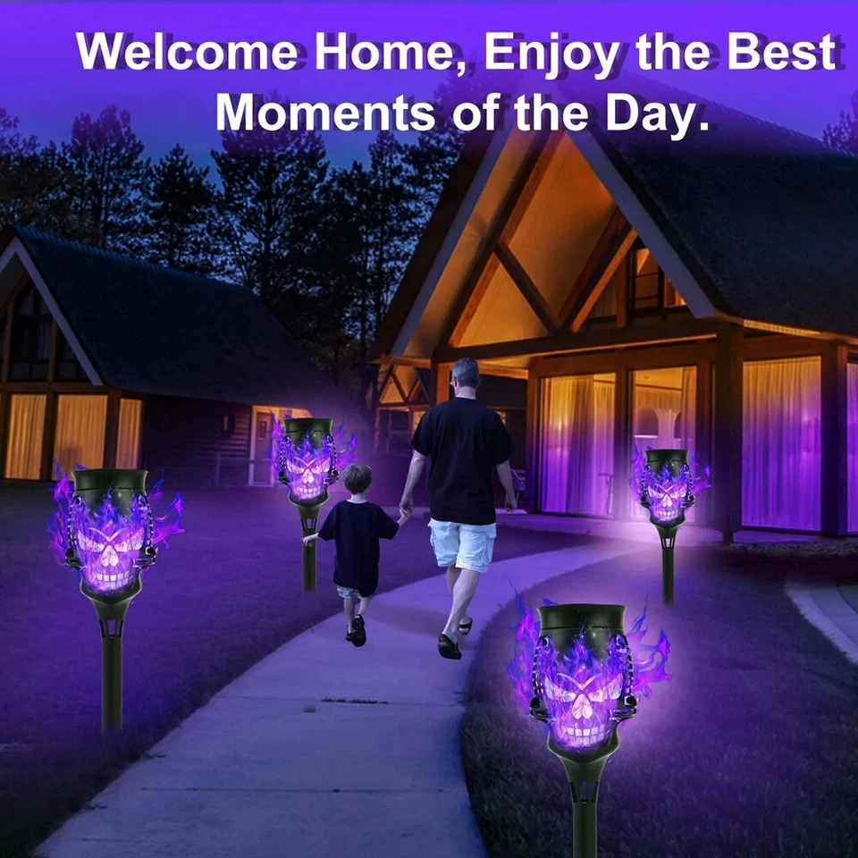 4PCS Halloween Purple Skeleton Solar Flame Torch Lights Flickering Light Waterproof Garden Decoration Outdoor Lawn Path Yard Patio Floor Lamps