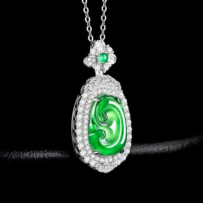 

Натуральный жадеитовый кулон Ruyi S925, серебряное ледяное зеленое ожерелье для женщин - ювелирные изделия из зеленого нефрита Ян, подарок