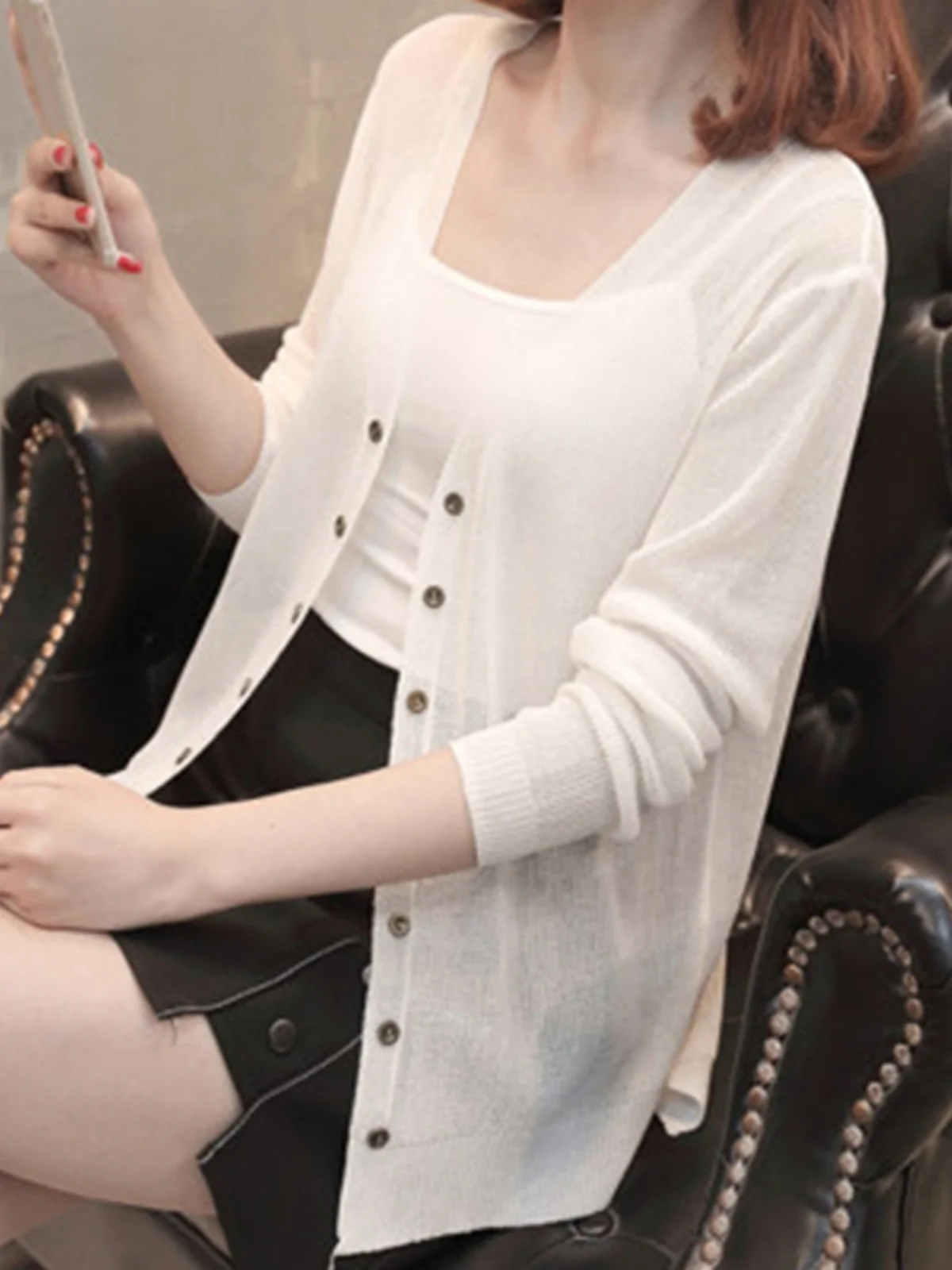 Cárdigan de punto de seda de hielo para mujer, nuevo estilo de verano, ropa de abrigo fina, csa corta hoada con frente a...