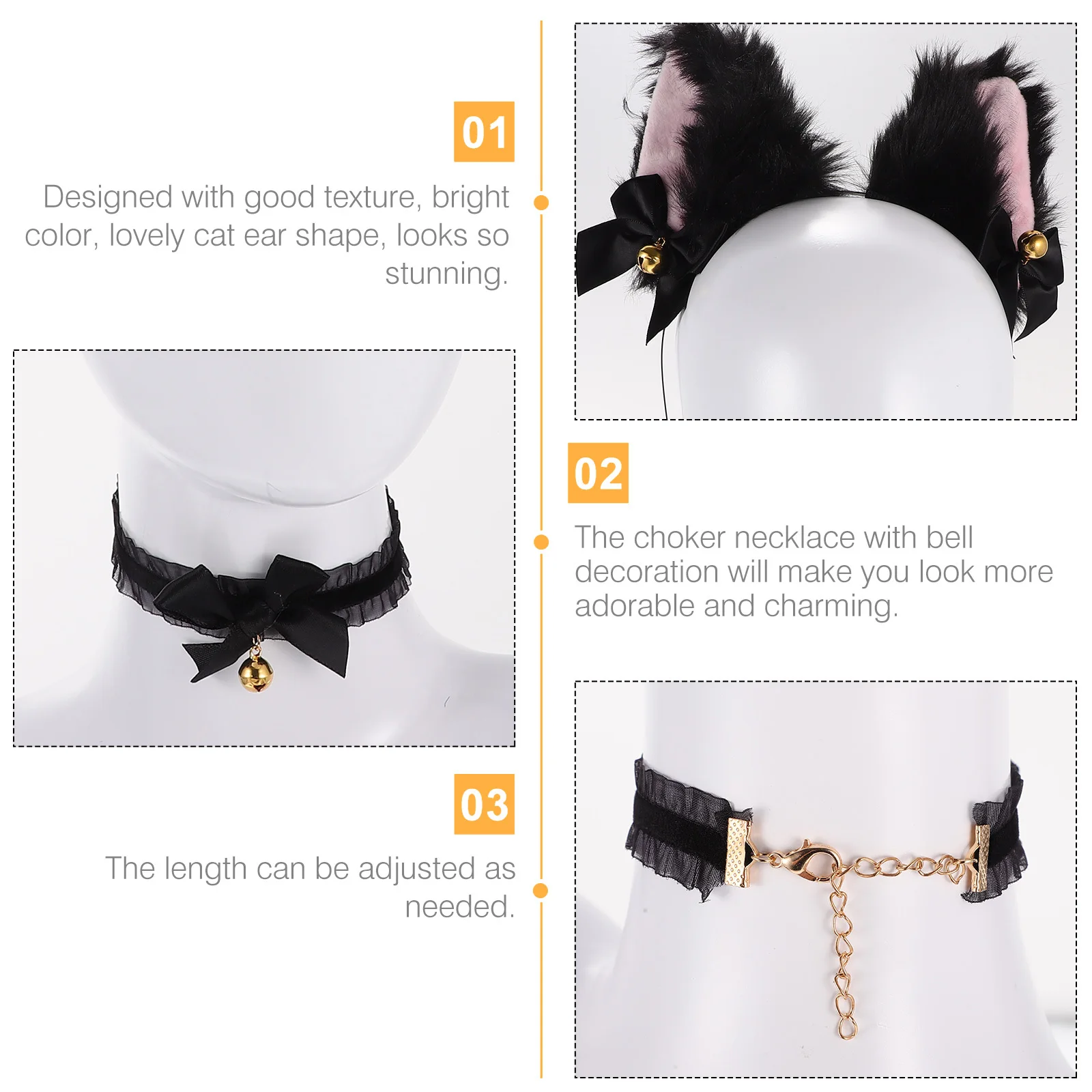 Ensemble de collier ras du cou en dentelle, bandeau oreilles de chat, accessoires de Costume de Cosplay, accessoires Photo de fête d'halloween, Costume de Cosplay de chat 4 pièces