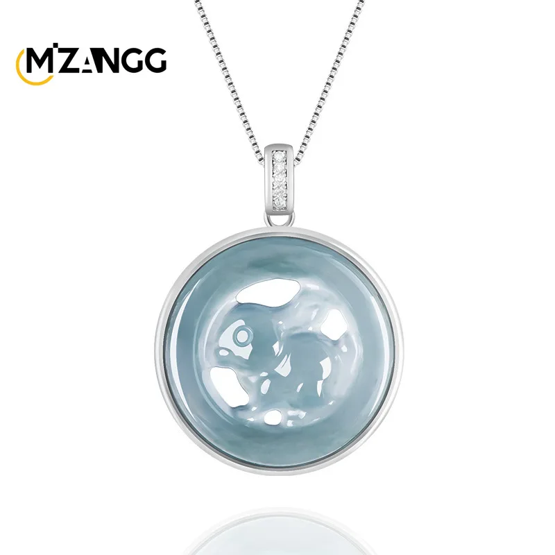 Natural A Goods Jadeite Zodiac Rabbit Pendant S925 Silver Ice Inset Kind of Hollow-out Necklace Lovely Delicate Gift for Women