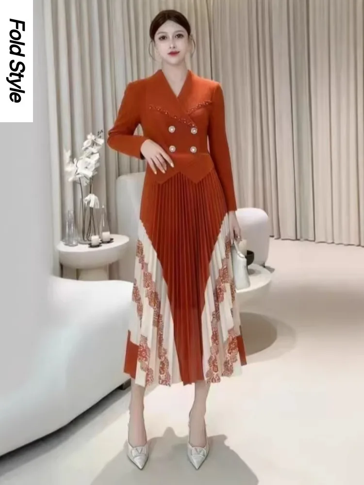 

2025 Autumn New A-shaped Pleated Skirt, Suit Collar, Medium and Long Long-sleeved Swing Skirt, Miyake Dress