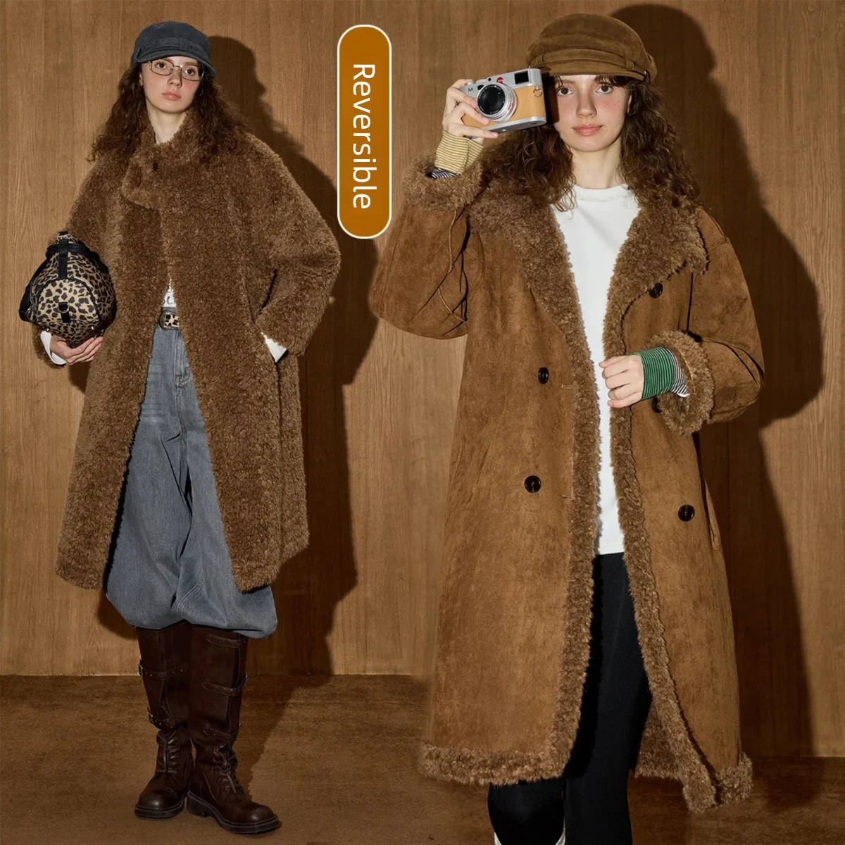 معطف COOLHUT Maillard ذو وجهين من الفرو الصناعي معطف شتوي كبير الحجم متوسط الطول معطف تبديل ثنائي الارتداء ملابس خارجية فاخرة ذات لون محايد