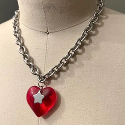 Harajuku Jewelry Red Heart Pendant Necklace Star Choker Kawaii Accessory Goth Chain Necklace Women Punk Charms