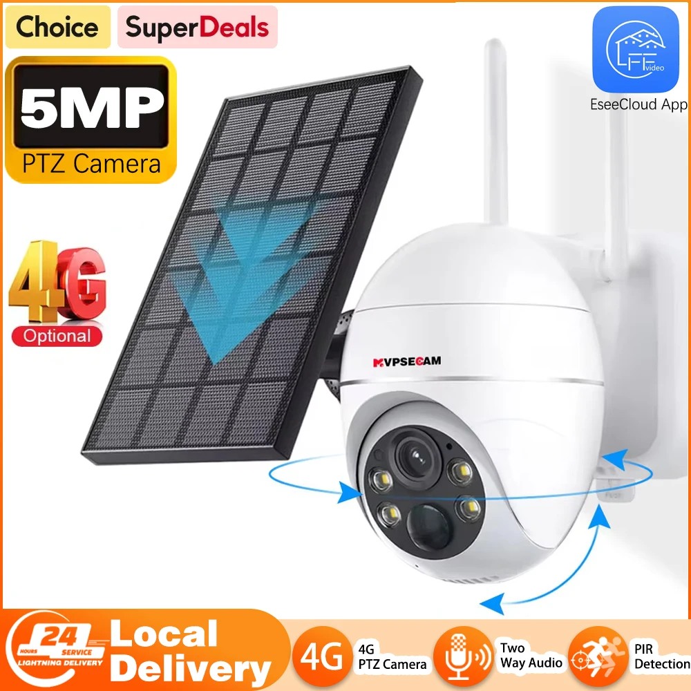 

5-мегапиксельная камера безопасности 4G SIM-карта снаружи камера с солнечной батареей на открытом воздухе 360 ° PTZ питание от батареи с прожектором и PIR-обнаружением сирены