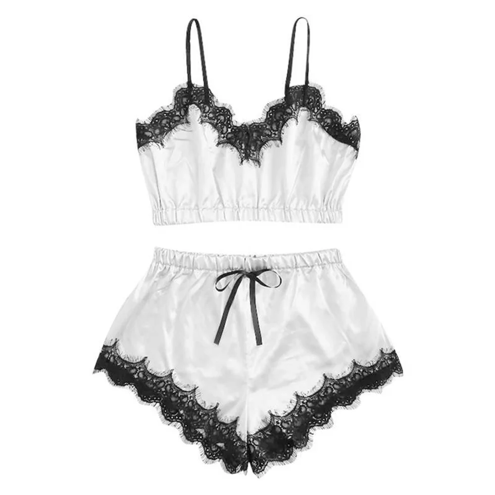 Women Pajama Suit Fashion V-Neck Lace Stretch Satin Babydoll Lace Sexy Lingerie Bowknot Pyjamas Sleep Shorts Set Sleepwear New