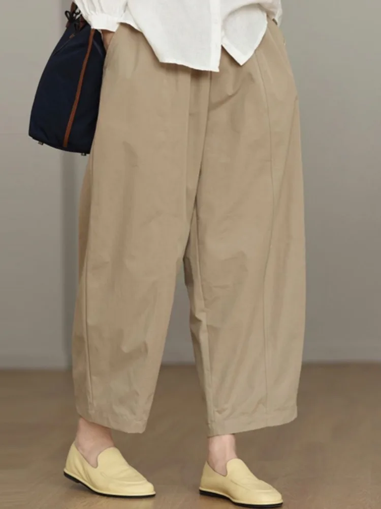 Cotton Linen Wide Leg Pants Women Summer Small Size Commute Casual Straight Nine Points Pants High Waist Pocket Detail