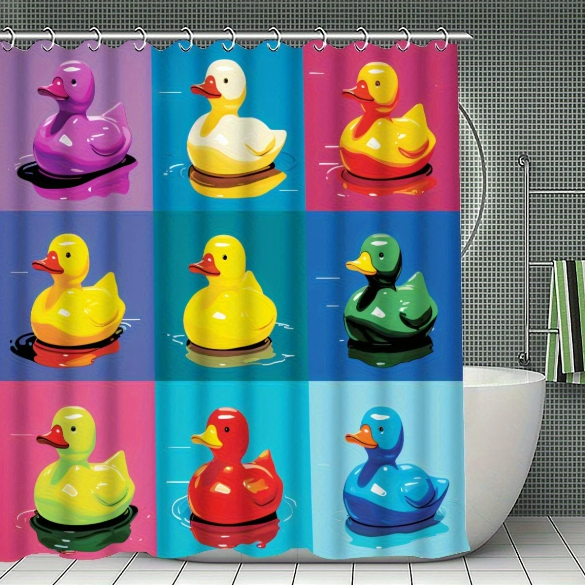 

colorful rubber duck shower curtain with playful floating ducks and vibrant blocks for fun Elevate Your Space Free HooksIncluded
