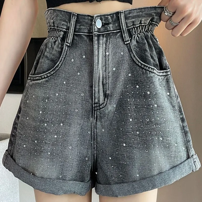 Short en jean court pour femme avec biscuits, short en jean femme, taille élastique, paillettes, chaud, esthétique à porter, été