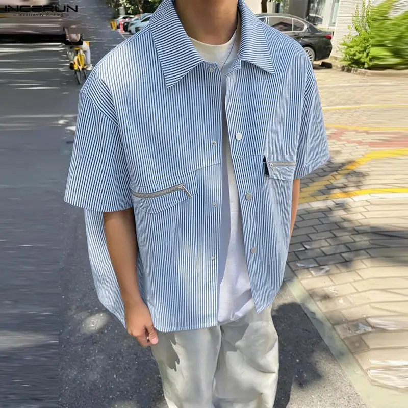

INCERUN Men Striped Shirt Lapel Short Sleeve Zipper Men Clothes Tops Streetwear Summer 2026 Fashion Casual Shirts For Man Camisa