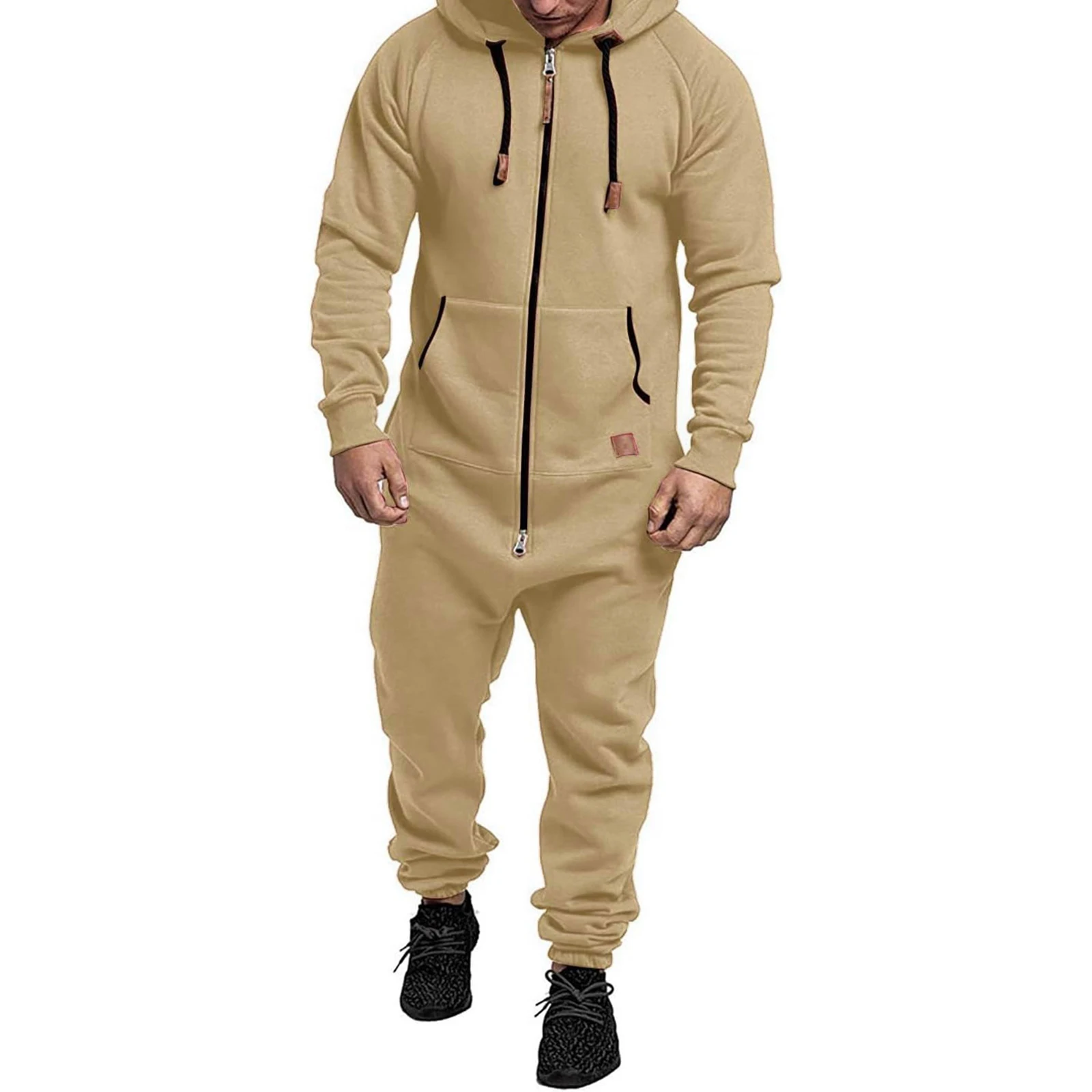 Men\'s Winter Hooded Jumpsuits with Pockets Warm Long Sleeve Full Zipper Up Overalls Sweatsuits with Drawstring