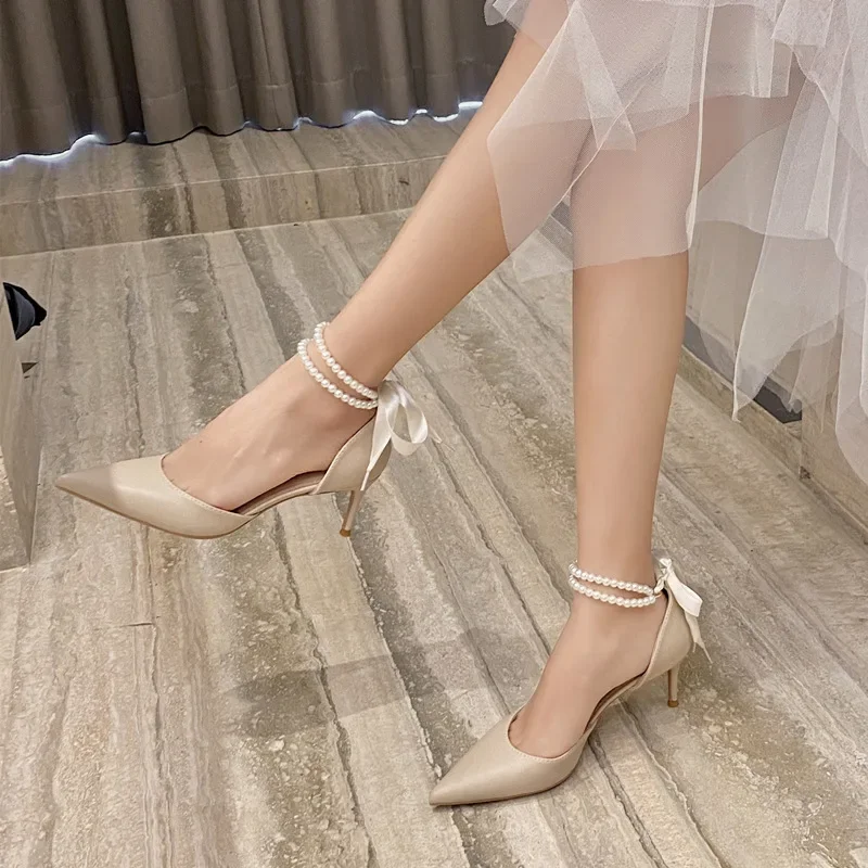 6cm Elegant Woman Heeled Shoes Sandals High Heels with Beaded Ankle Strap Wedding Party Women Shoes 40 41