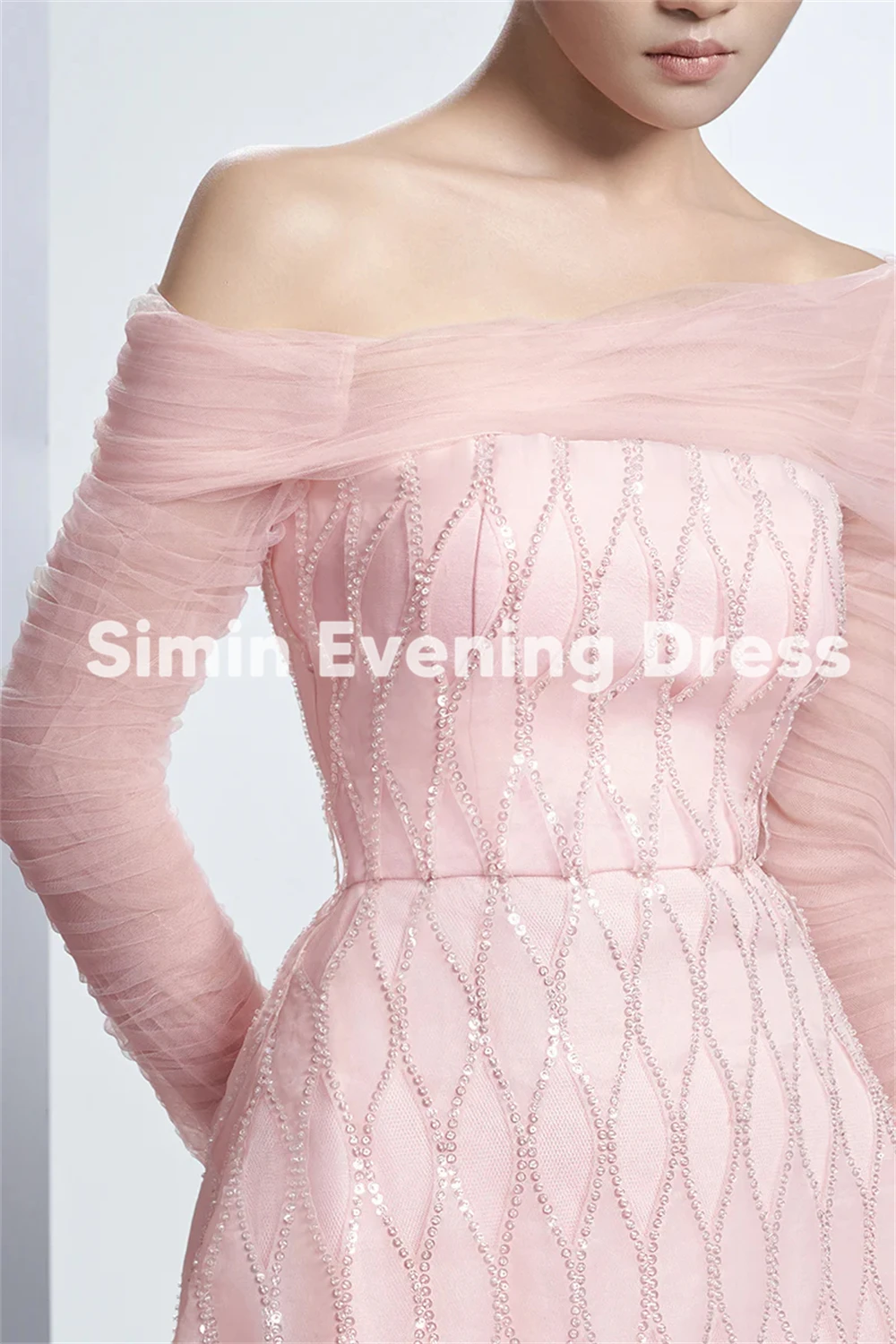 Simin Women's Sparkly Lace A Line Boat-neck Saudi Evening Dresses With Long Sleeves Tea-Length Formal Elegant Dresses 2025