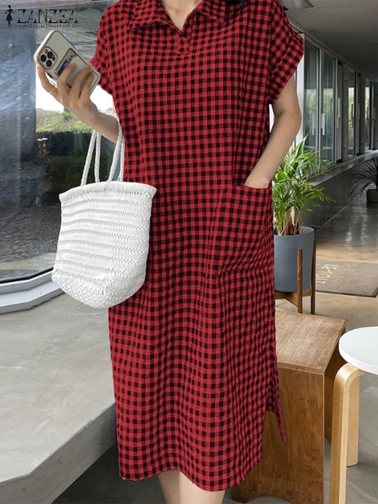 2023 ZANZEA Zomer Rasterprint Jurk Vrouwen Revers Hals Korte Mouw Zonnejurk Vintage Casual Vakantie Werk Vestido Gewaad Plaid Kaftan