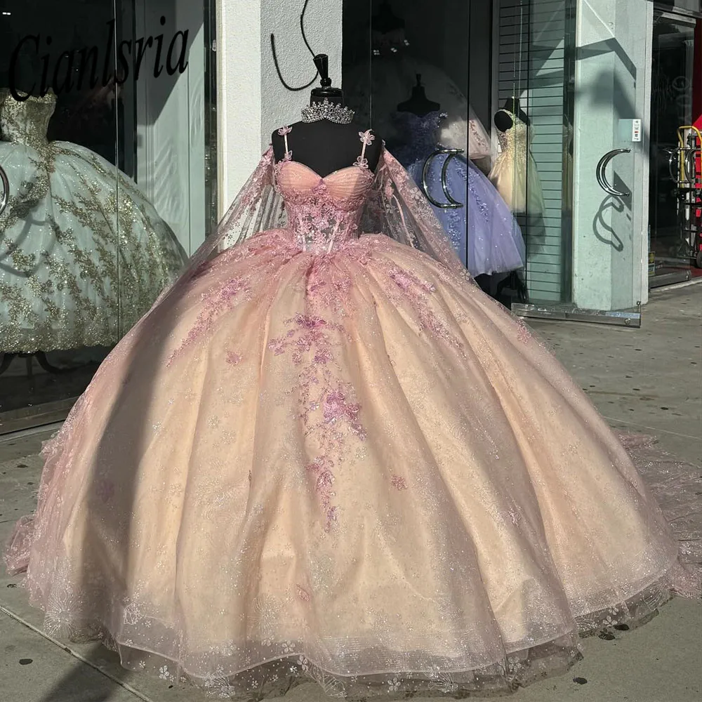 

Pink Illusion Spaghetti Strap Quinceanera Dresses Ball Gown Glitter Crystal Sequined Appliques Sweet 15 Vestidos De XV Años