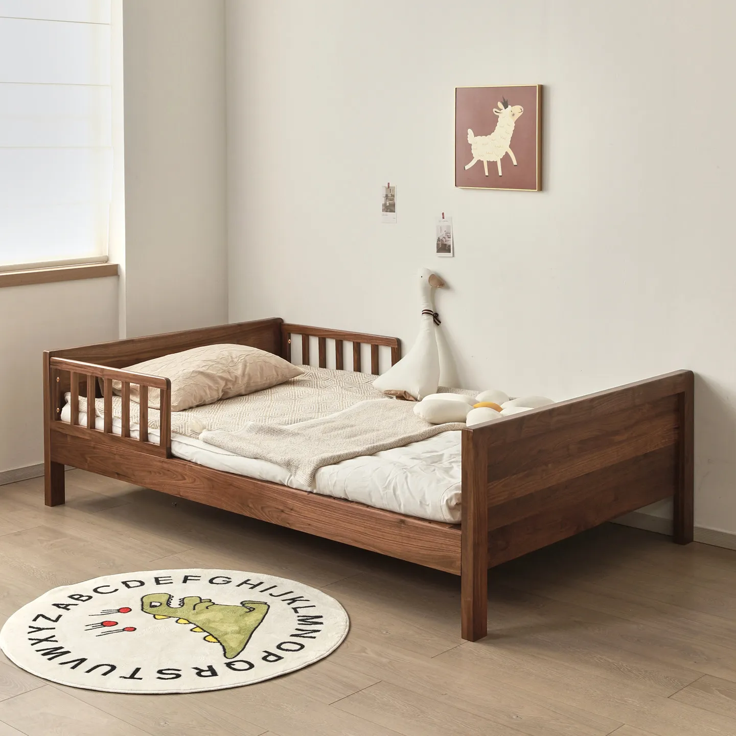Factory Direct Compatible with North American Black Walnut Children's Bed Modern Simple Solid Wood Single Bed with Guardrail