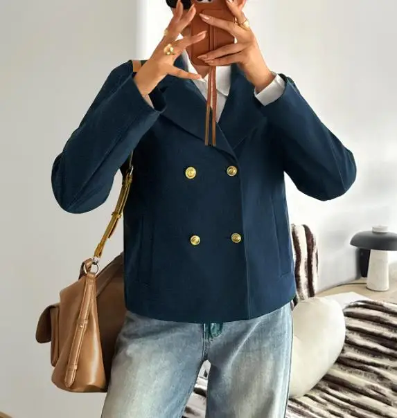 

Осенне-зимний простой женский пиджак с лацканами, элегантный однотонный двубортный приталенный короткий пиджак