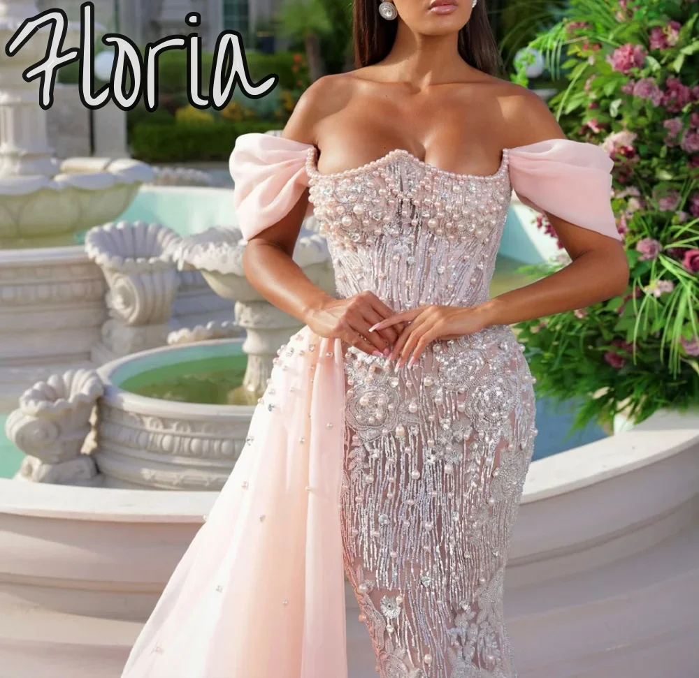 

Gorgeous Off the Shoulder Evening Dress Sparkly Beaded Pearls Bride Robe Elegant Floor-length Customized
