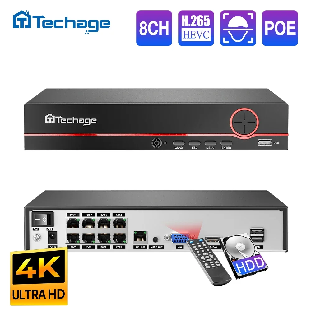 Techage H.265 8CH 4MP 5MP 8MP 1080P 4K POE NVR Двусторонний аудиомониторинг NVR до 16CH для сетевой камеры POE CCTV видео