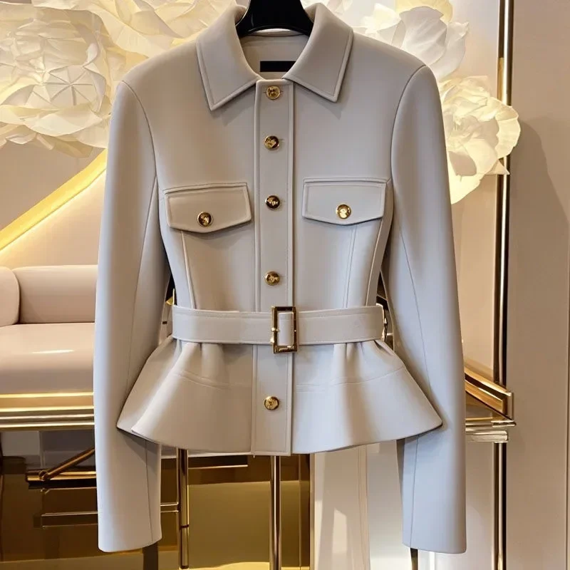 Neue Elegante Jacke Frauen Revers Lange Hülse Schlanke Taille Luxus Tasten Temperament Mode Mantel Büro Dame Outwear mit Gürtel