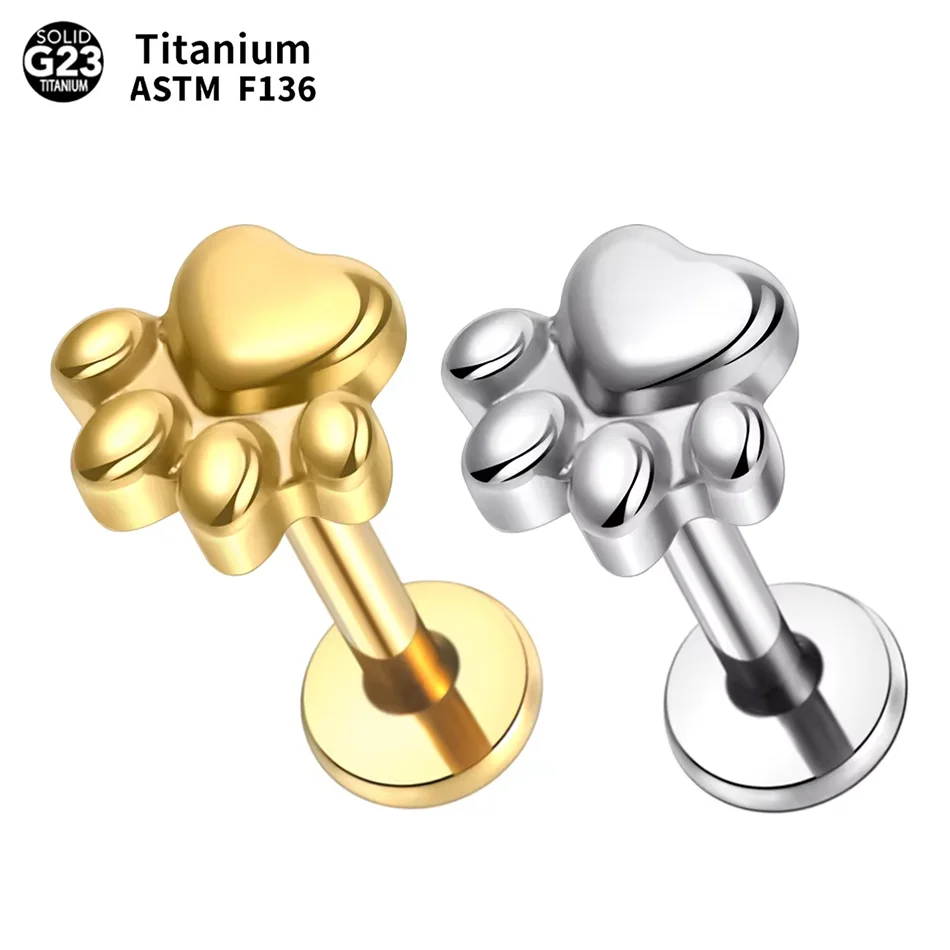 1/5PCS Titanium Puppy Paw Print Labret Piercing Internally Threaded Tragus Stud Earring Piercings Body Jewelry
