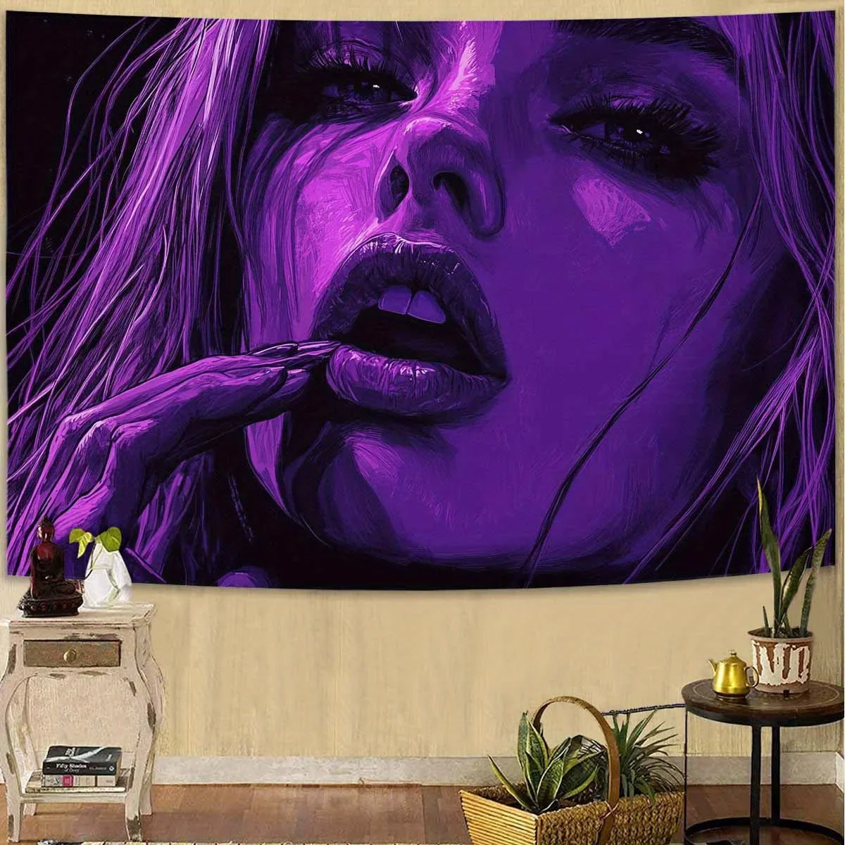 Vibrant Purple Portrait Tapestry Bold Woman Smoking Wall Art Bedroom Living Room Large Decorative Hanging Add Edgy Style