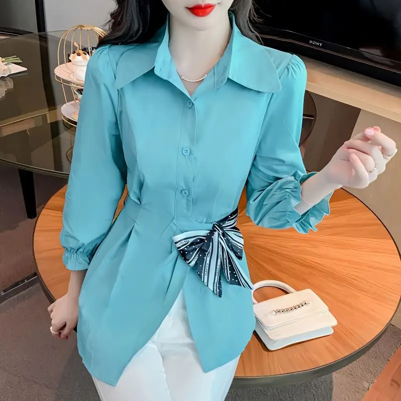 Elegant Lapel Folds Bandage Bow Puff Sleeve Shirts Women\'s Clothing 2024 Spring Summer New Loose Korean Tops Office Lady Blouses