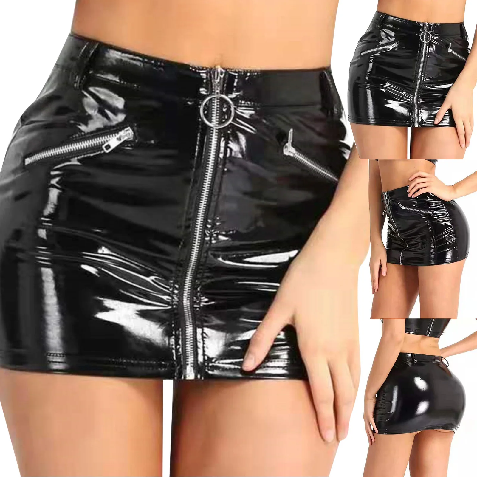 Womens Ladies Faux Leather Fake Zipper Pockets Bodycon Mini Skirt Pole Dance Rave Shiny Short Skirts Wetlook Clubwear Costume