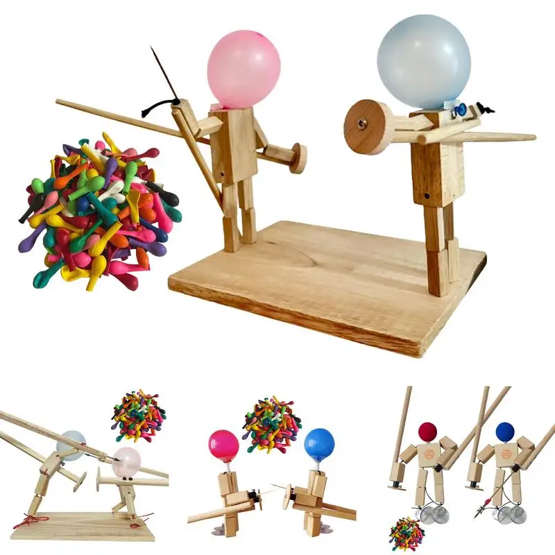 

Balloon Man Battle Handmade Wooden Fencing Puppets Bamboo Wood Bots Battle Game Whack a Balloon Party Home Decorations