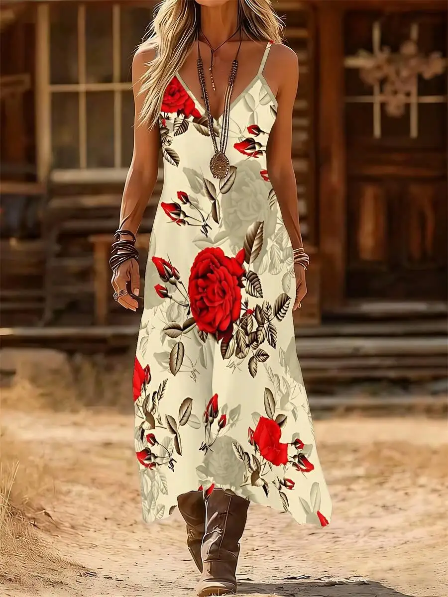 

Women V-Neck Spaghetti Strap Maxi Dress Beige Red Rose Floral Print Stretch Knit Casual Vacation Dress