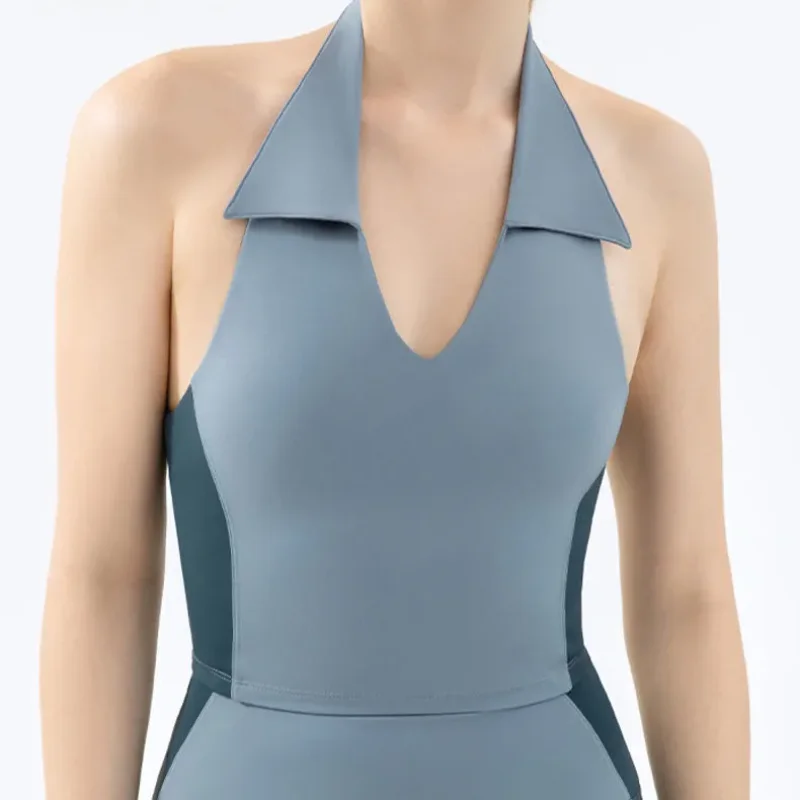 Women Color Block Halter Collar Yoga Tank Top Quick Dry Sweat Wicking Sports Bra Cycling Fitness Crop Top