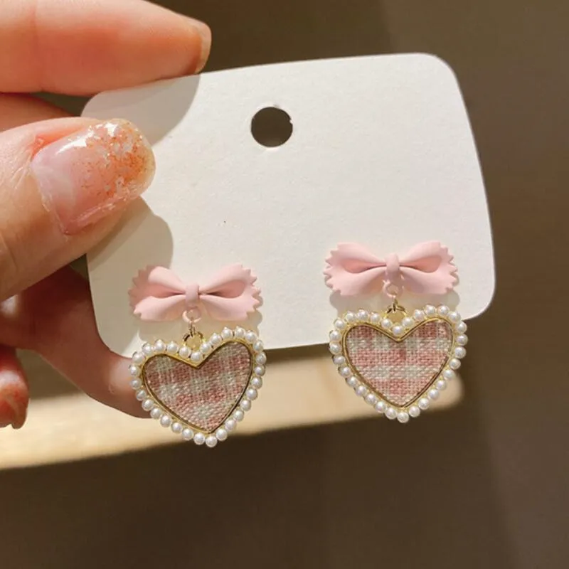 Cute Korean Hanging Love Grid Pearl Heart Earrings For Women Girls Trendy Party Jewelry Fashion 2023 New Bowknot Earrings Gifts