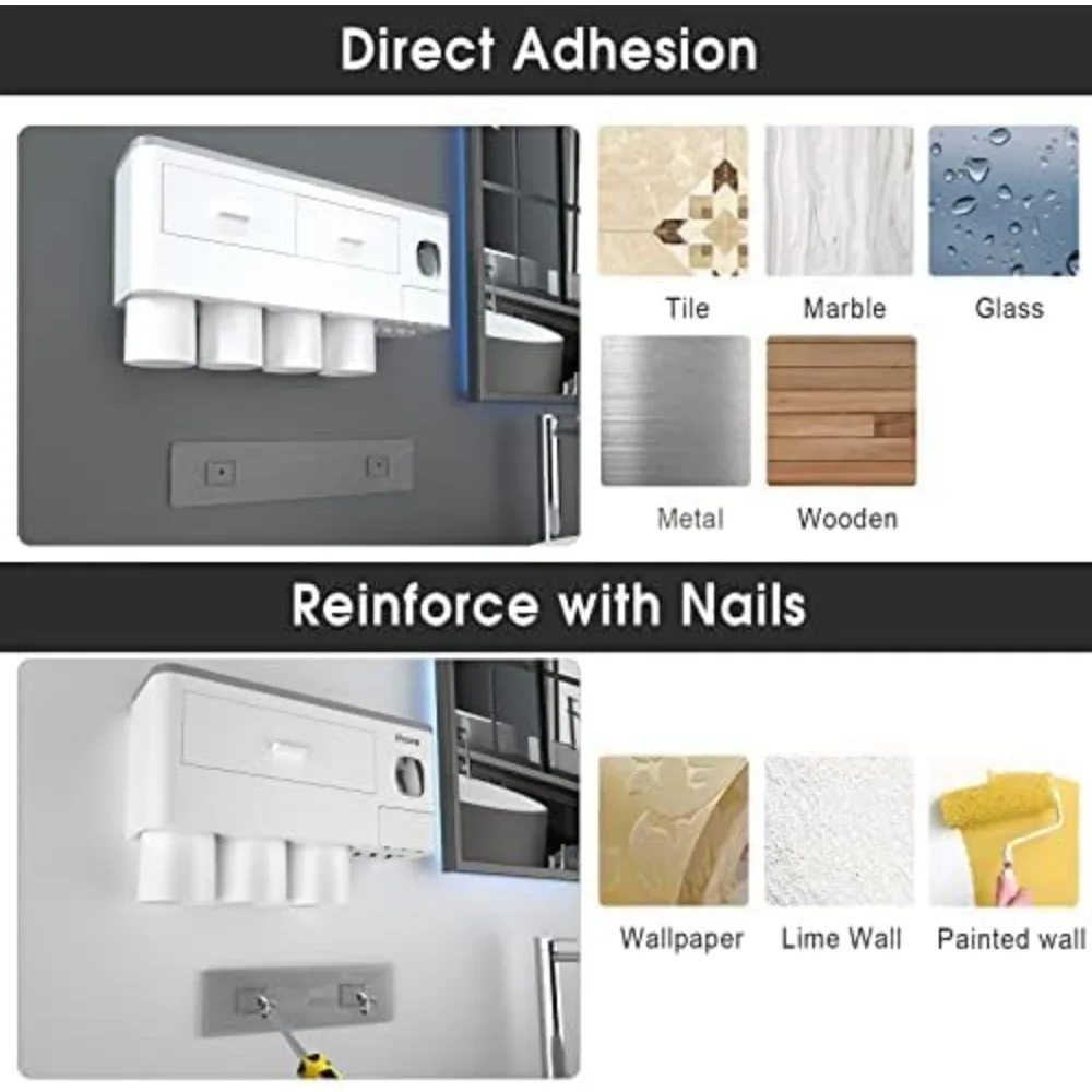 iHave Toothbrush Holders for Bathrooms, 4 Cups Toothbrush Holder Wall Mounted with Toothpaste Dispenser - Large Capacity Tray,