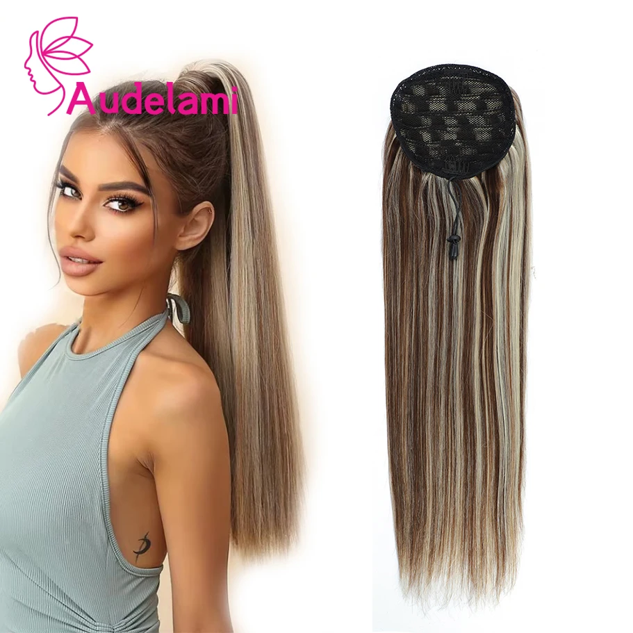 Audelami Ponytail Human Hair Straight Drawstring Pony tail 100% Real Natural Brazilian Remy Hair Highlight Ponytail Extension