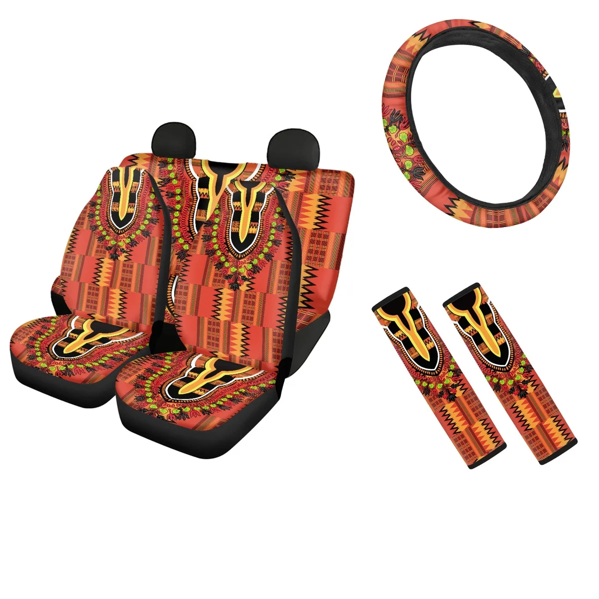 

African Ethnic Tribe Design Front Back Car Seat Covers Comfortable Steering Wheel Cover and Belt Cover General Full Set Decor
