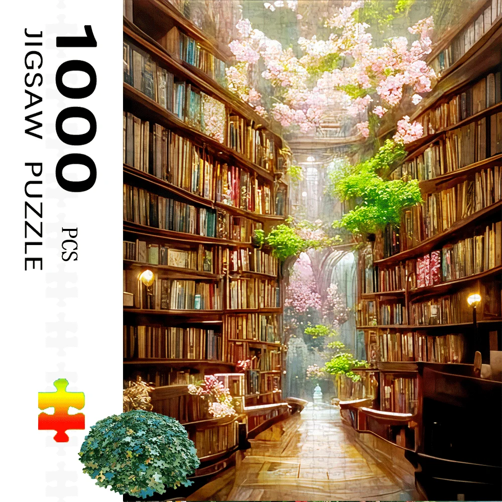 Un grande puzzle da 1000 pezzi con una libreria fantasy e un design di fiori di ciliegio, perfetto per adulti e famiglie da goderti