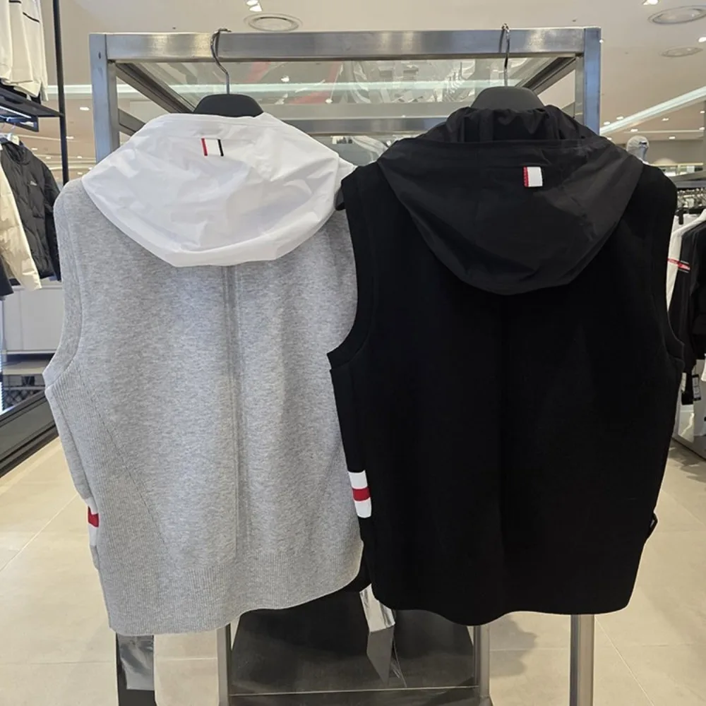 2026 Summer New Korean Style Knitted Cotton Blend Color Block Hooded Zip Up Drawstring Waist Stretch Golf Outdoor Women's Vest