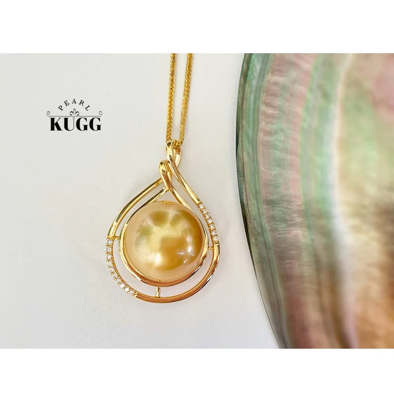 KUGG PEARL 18K Yellow Gold Pendant Shiny Diamond 12-13mm Natural South Sea Gold Pearl/Tahitian Black Pearl Pendant for Women