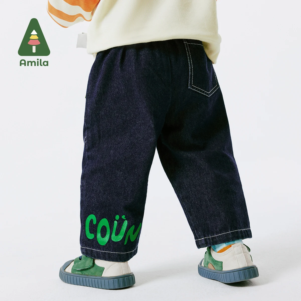 Amila Baby Boys  Jeans  Spring New Lettered Kitten Graphic Print Delicate Loose Fashionable Children's Clothing