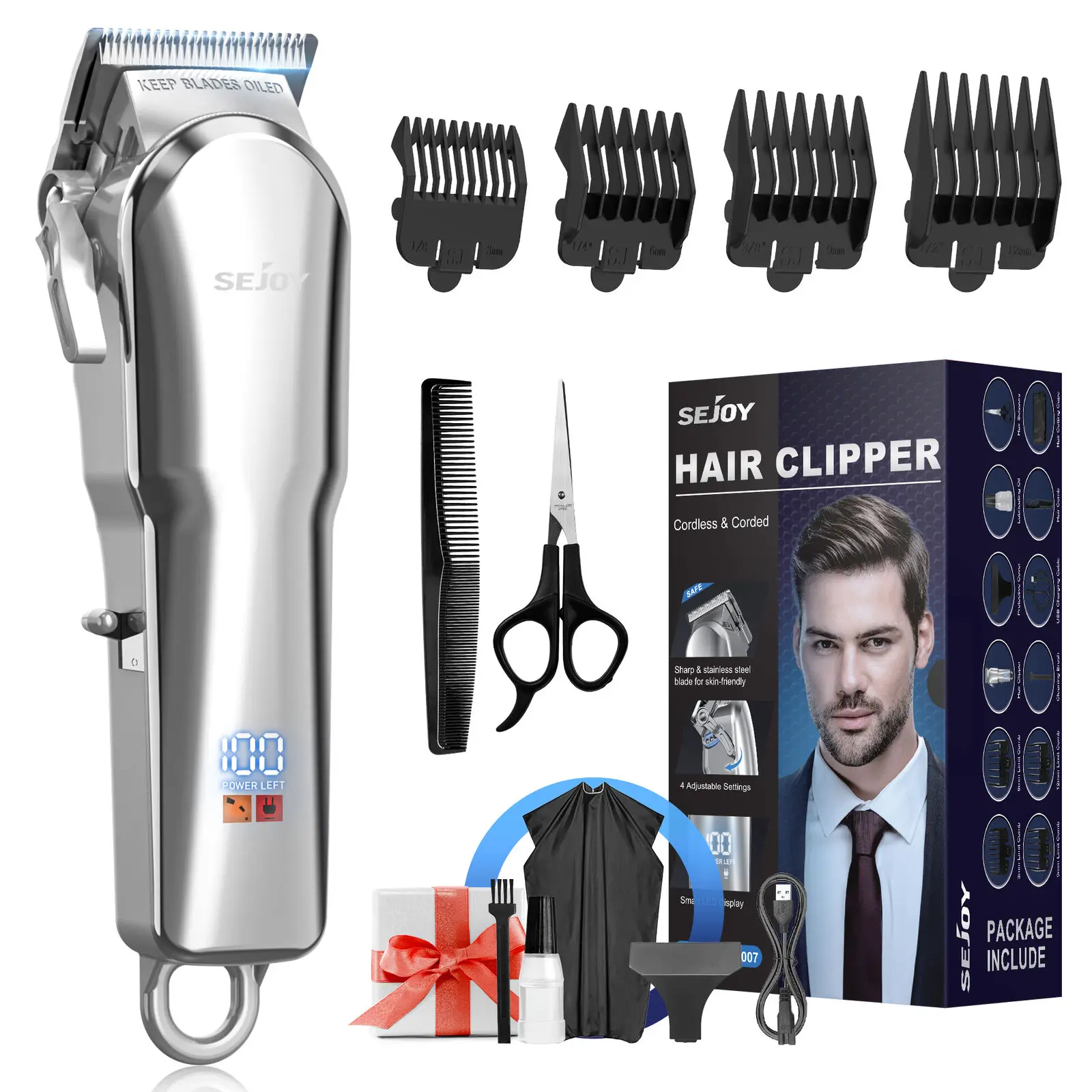 Sejoy Hair Clippers Beard  Trimmer for Men Cordless Barber Clippers for Hair Cutting Machine Rechargeable Beard Trimmer