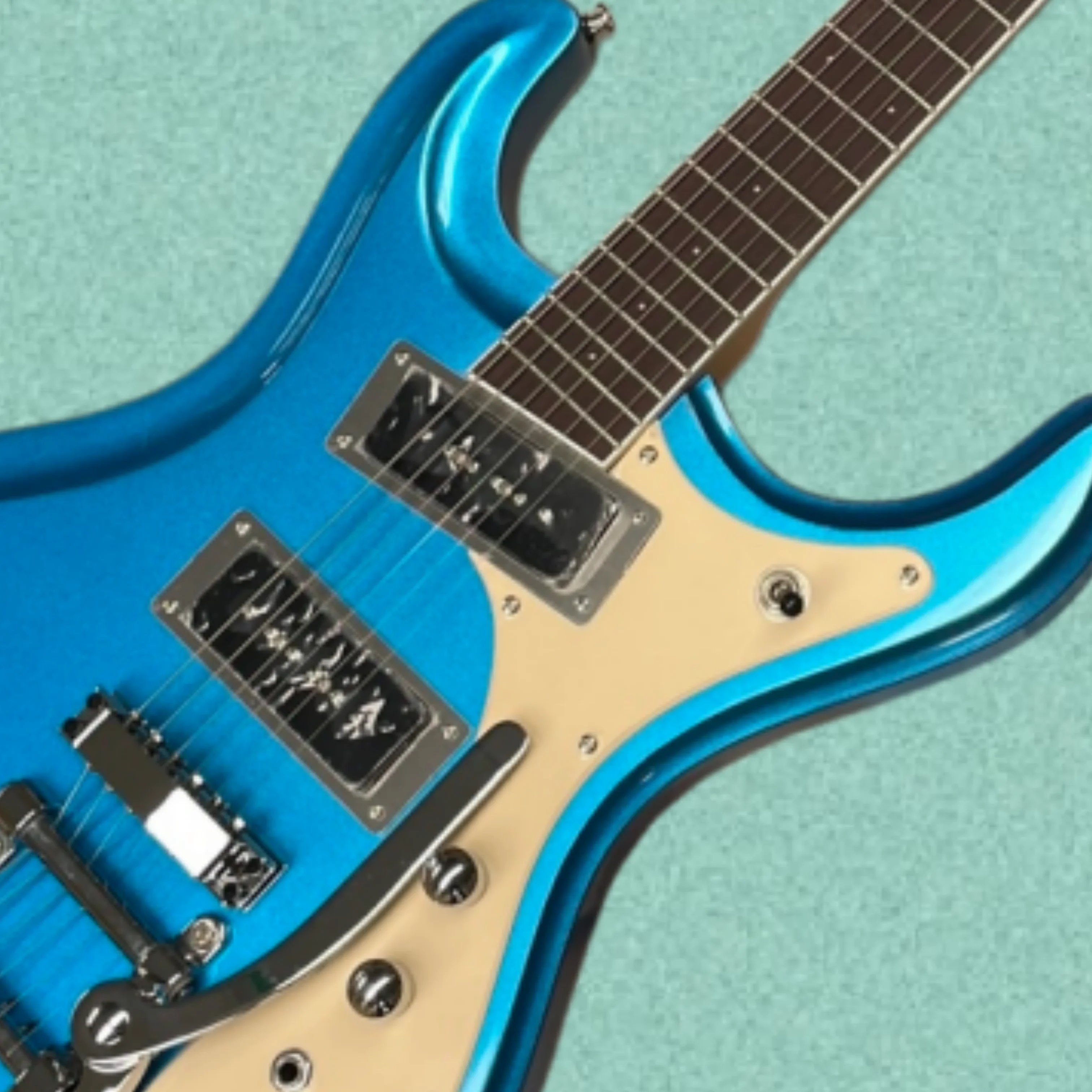 6-string metal blue electric guitar with a streamlined mahogany body and silver hardware guitars, vintage rock electric guitarra