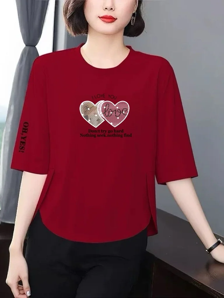 

Slimming Loose Fit Heart Print 7/8 Sleeve T-Shirt Women's Breathable Polyester Fiber round Neck Top Cover Belly Versatile