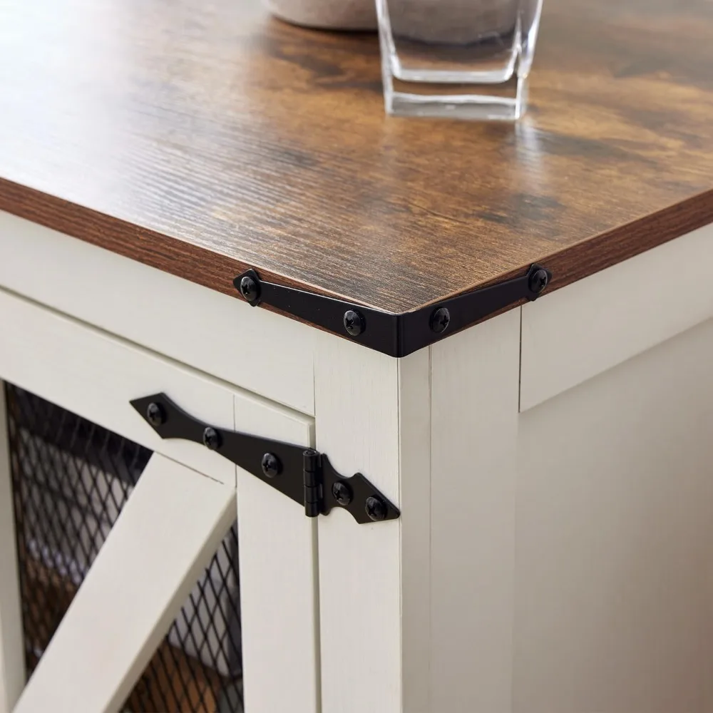 充電ステーション付きホワイトファームハウスエンドテーブル、メッシュバーンドア付き24ウッドソファサイドテーブル、調節可能な収納付きナイトスタンド